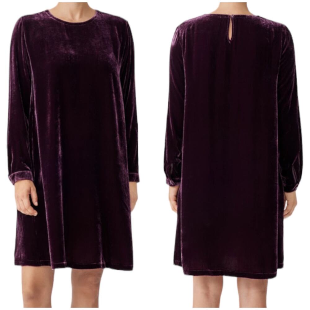 Eileen Fisher NWT Velvet Crew Neck Dress Size XS Purple Silk Blend Pockets Shift